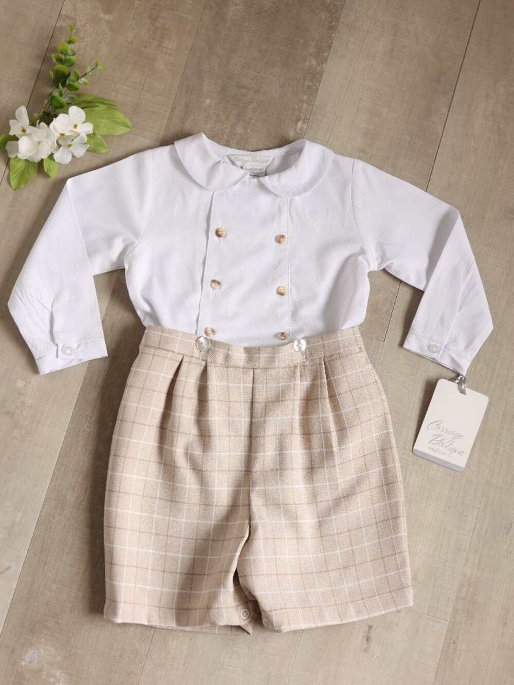 Boy's 2-Piece Button-on Dressy Short Set White Beige Windowpane Plaid 24M NWT